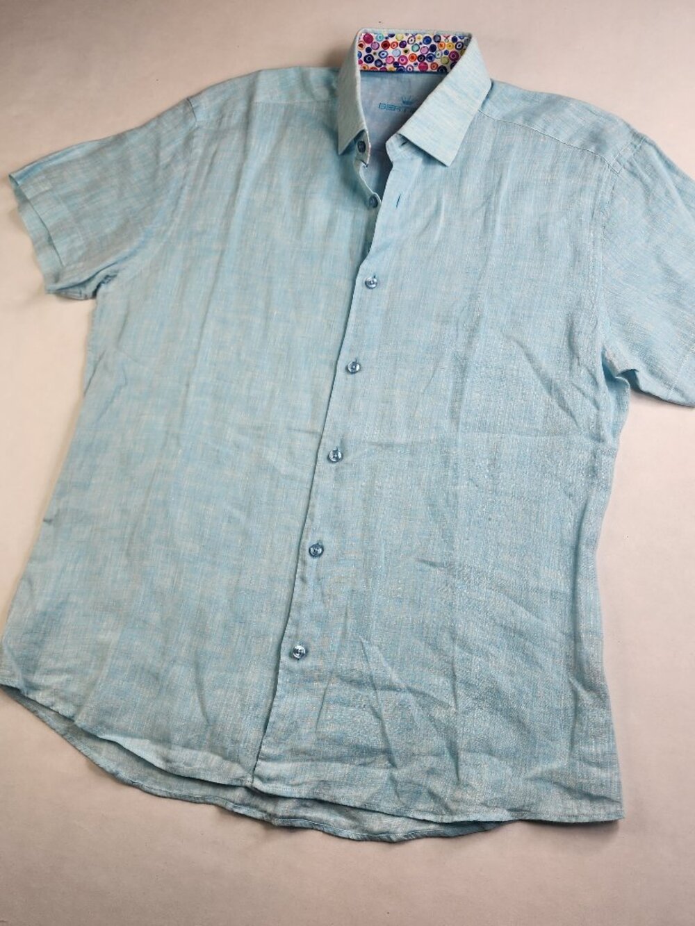 Bertigo Shirt Mens L Baby Blue 100% Linen Flip Collar Beach Resort Tropical